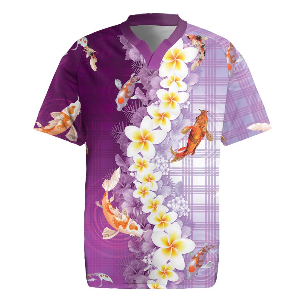 Hawaii And Japan Rugby Jersey Plumeria Lei With Koi Fish Purple - Polynesian Pride
