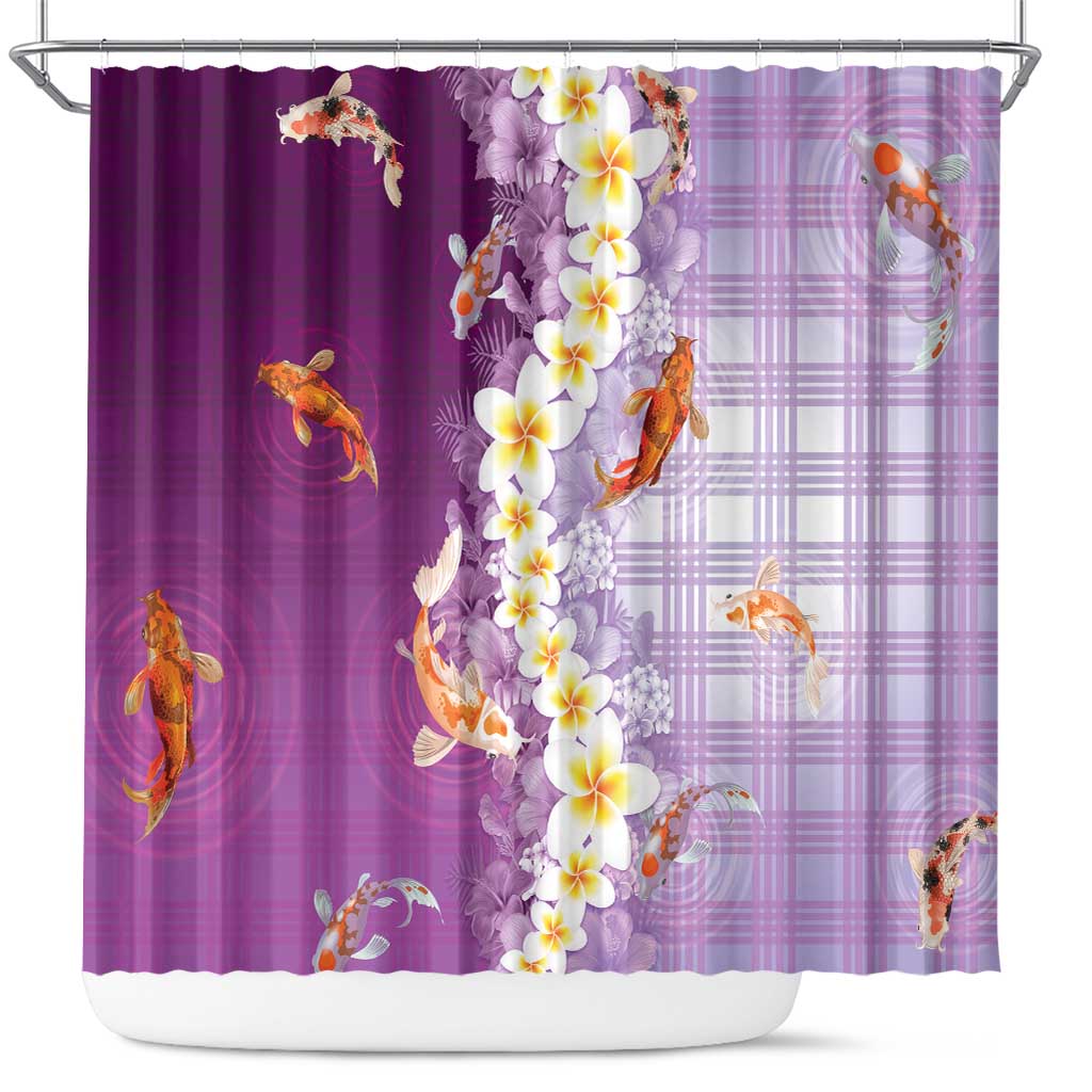 Hawaii And Japan Shower Curtain Plumeria Lei With Koi Fish Purple - Polynesian Pride