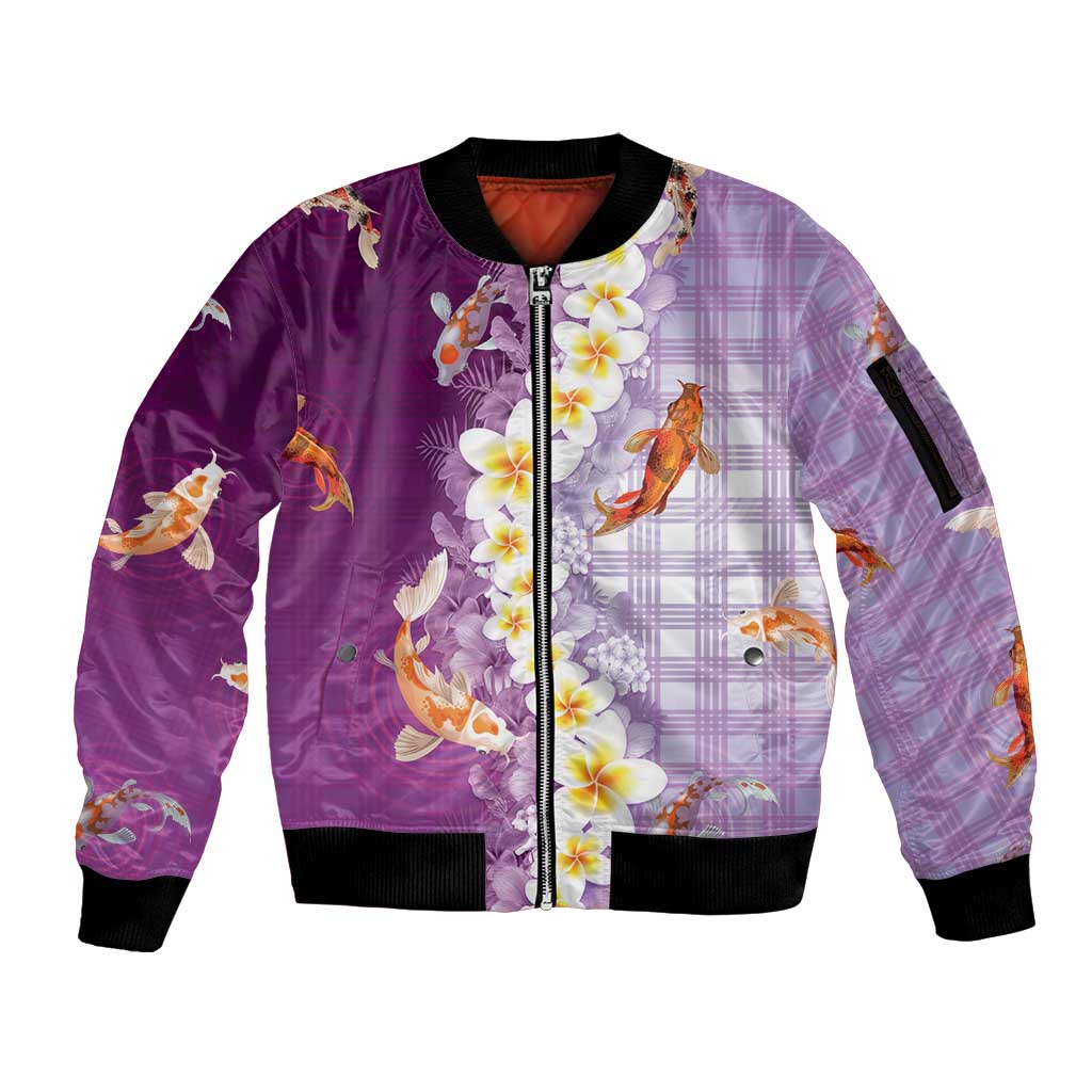 Hawaii And Japan Sleeve Zip Bomber Jacket Plumeria Lei With Koi Fish Purple LT05 Unisex Purple - Polynesian Pride