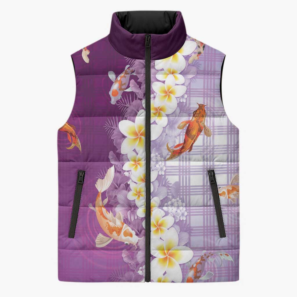 Hawaii And Japan Sleeveless Puffer Jacket Plumeria Lei With Koi Fish Purple LT05 Unisex Purple - Polynesian Pride