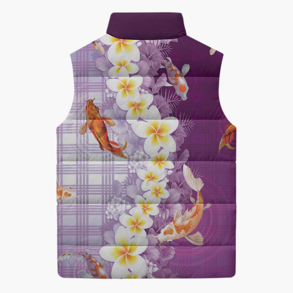 Hawaii And Japan Sleeveless Puffer Jacket Plumeria Lei With Koi Fish Purple LT05 - Polynesian Pride