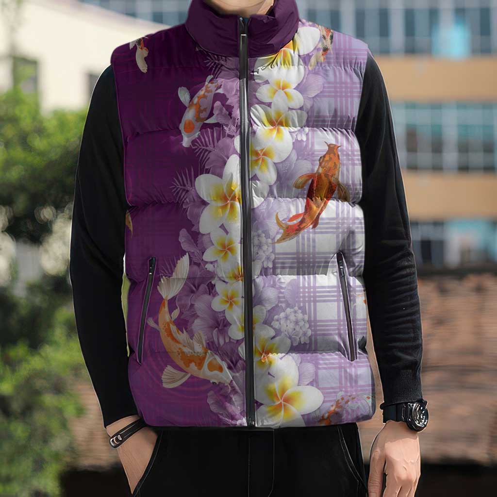 Hawaii And Japan Sleeveless Puffer Jacket Plumeria Lei With Koi Fish Purple LT05 - Polynesian Pride