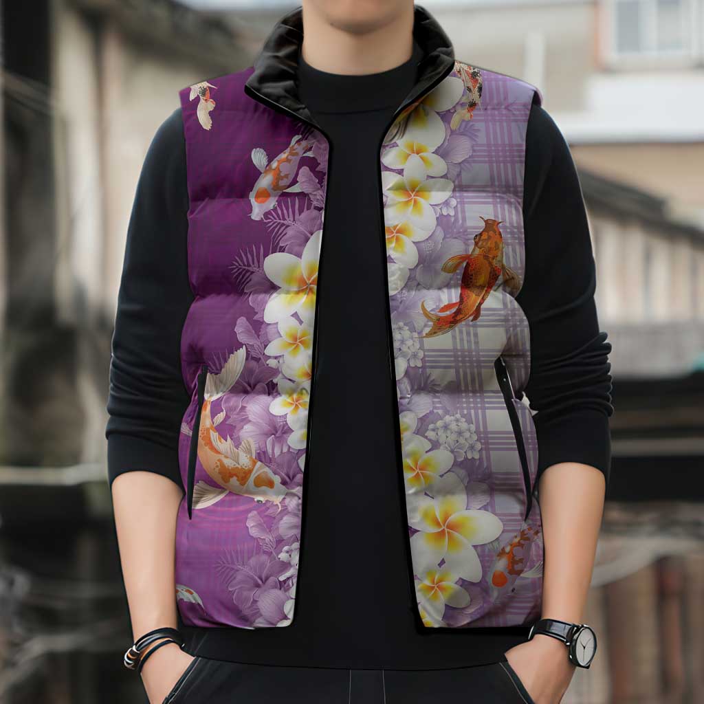 Hawaii And Japan Sleeveless Puffer Jacket Plumeria Lei With Koi Fish Purple LT05 - Polynesian Pride