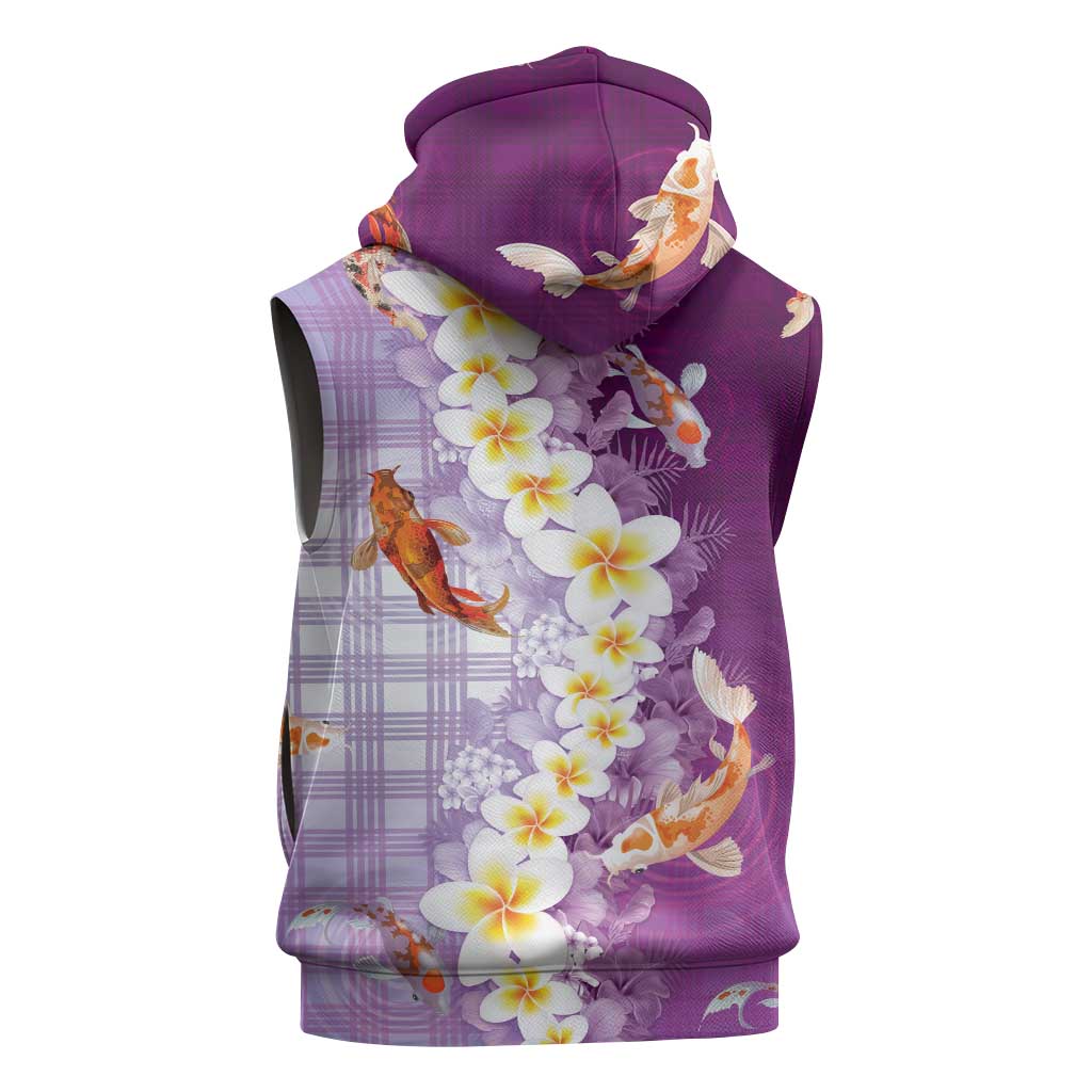 Hawaii And Japan Sleeveless Zip Hoodie Plumeria Lei With Koi Fish Purple LT05 - Polynesian Pride