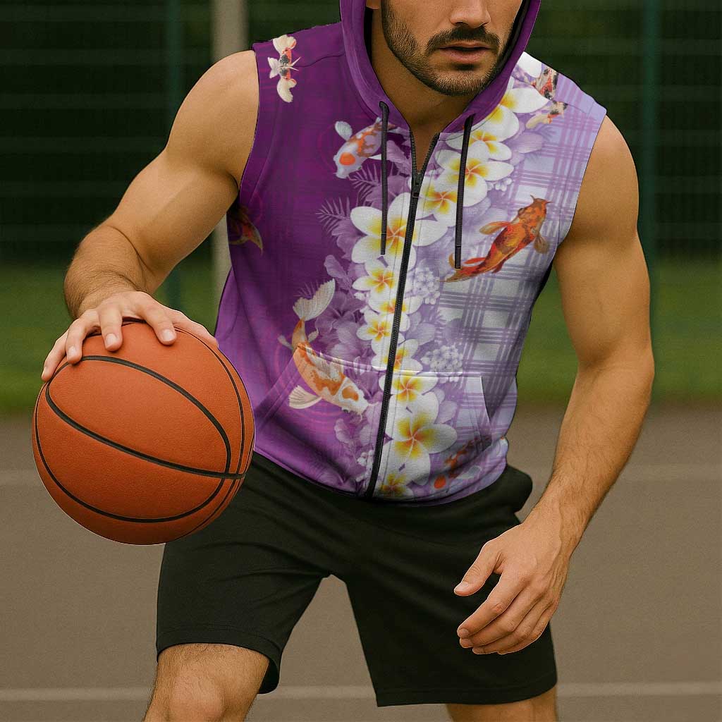 Hawaii And Japan Sleeveless Zip Hoodie Plumeria Lei With Koi Fish Purple LT05 - Polynesian Pride