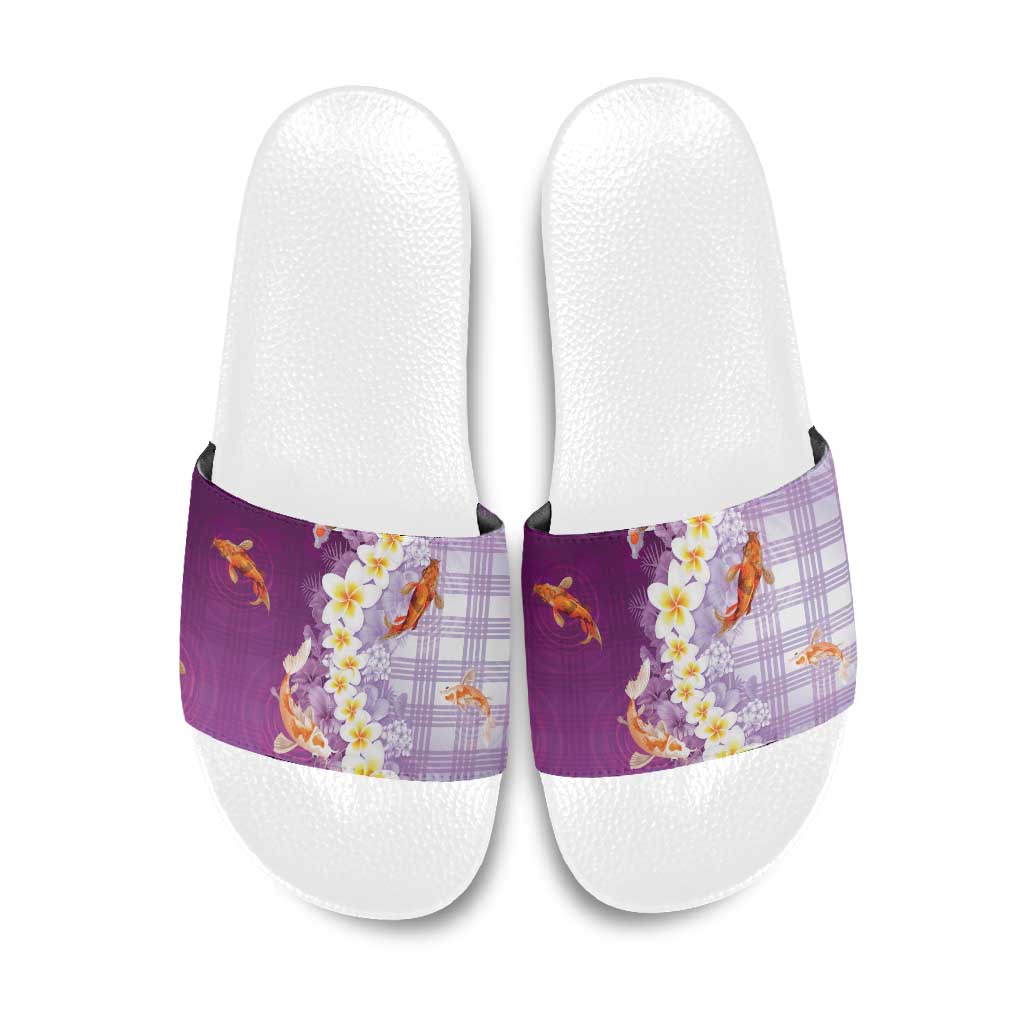 Hawaii And Japan Slide Sandals Plumeria Lei With Koi Fish Purple - Polynesian Pride