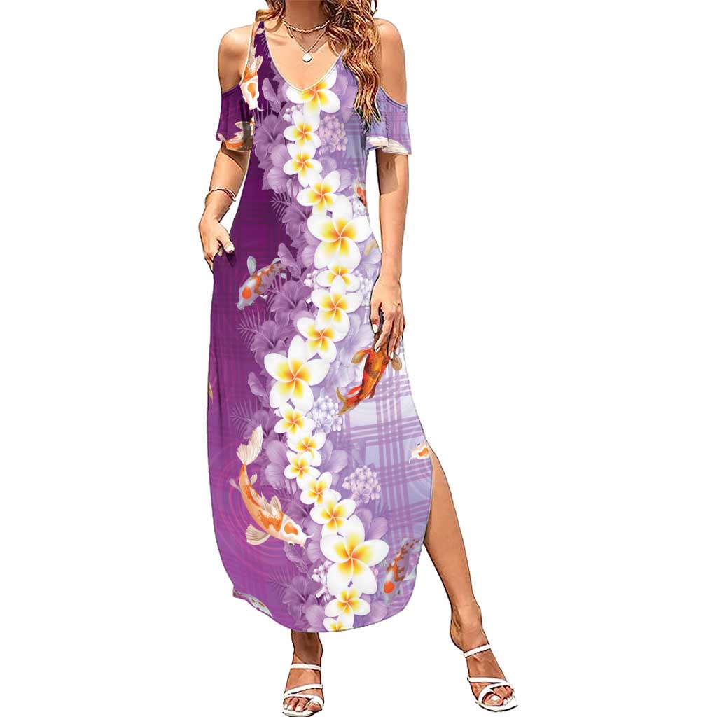 Hawaii And Japan Summer Maxi Dress Plumeria Lei With Koi Fish Purple - Polynesian Pride