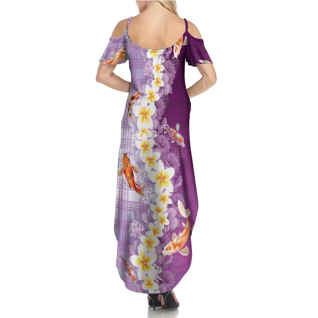 Hawaii And Japan Summer Maxi Dress Plumeria Lei With Koi Fish Purple - Polynesian Pride