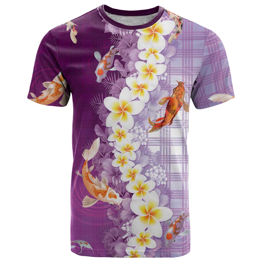 Hawaii And Japan T Shirt Plumeria Lei With Koi Fish Purple - Polynesian Pride