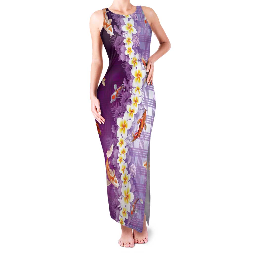 Hawaii And Japan Tank Maxi Dress Plumeria Lei With Koi Fish Purple - Polynesian Pride