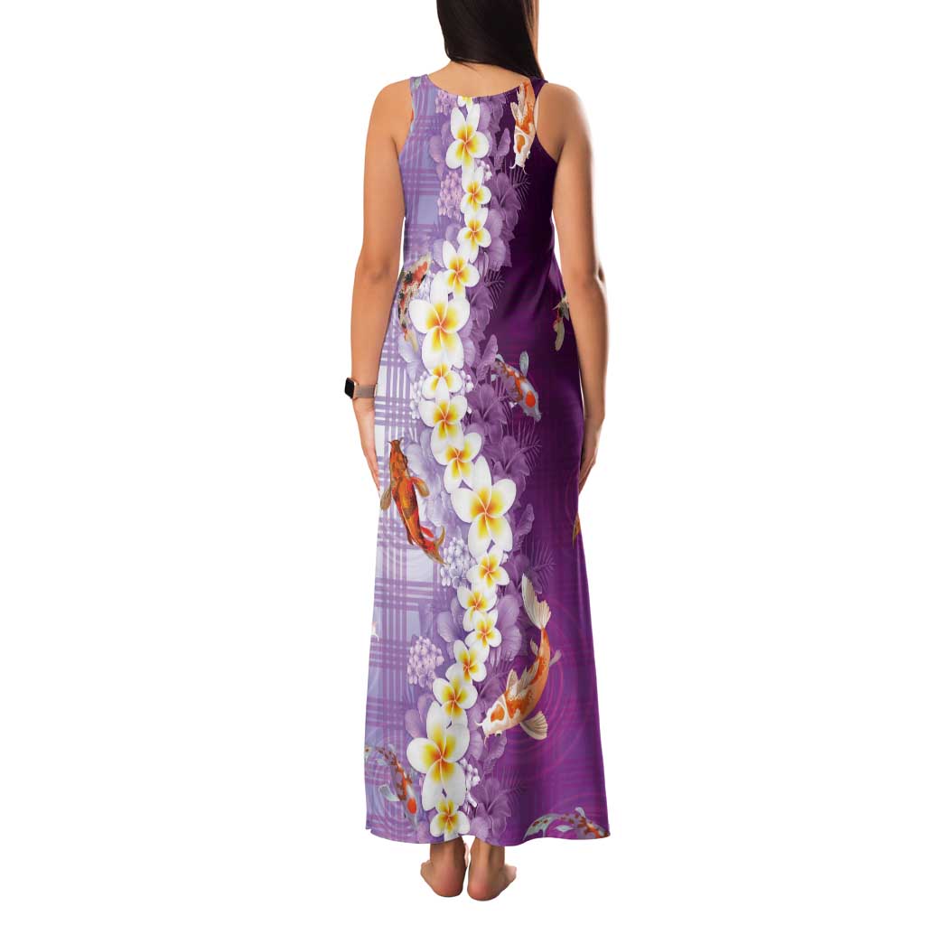 Hawaii And Japan Tank Maxi Dress Plumeria Lei With Koi Fish Purple - Polynesian Pride