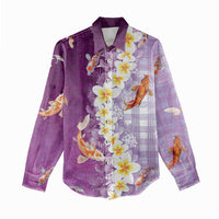 Hawaii And Japan Women Casual Shirt Plumeria Lei With Koi Fish Purple - Polynesian Pride