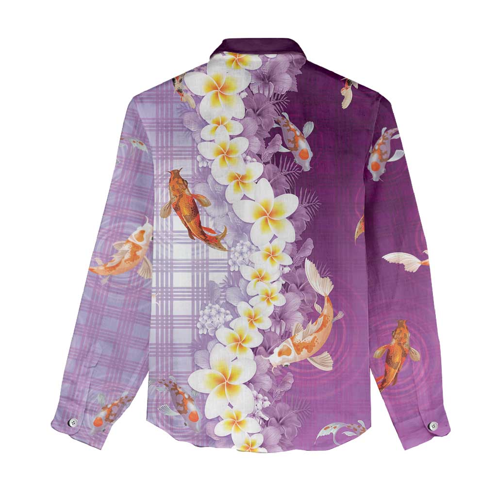 Hawaii And Japan Women Casual Shirt Plumeria Lei With Koi Fish Purple - Polynesian Pride