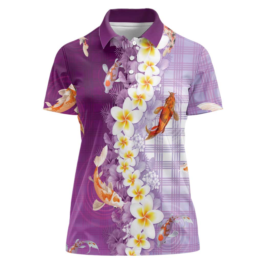 Hawaii And Japan Women Polo Shirt Plumeria Lei With Koi Fish Purple - Polynesian Pride
