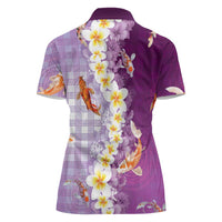 Hawaii And Japan Women Polo Shirt Plumeria Lei With Koi Fish Purple - Polynesian Pride