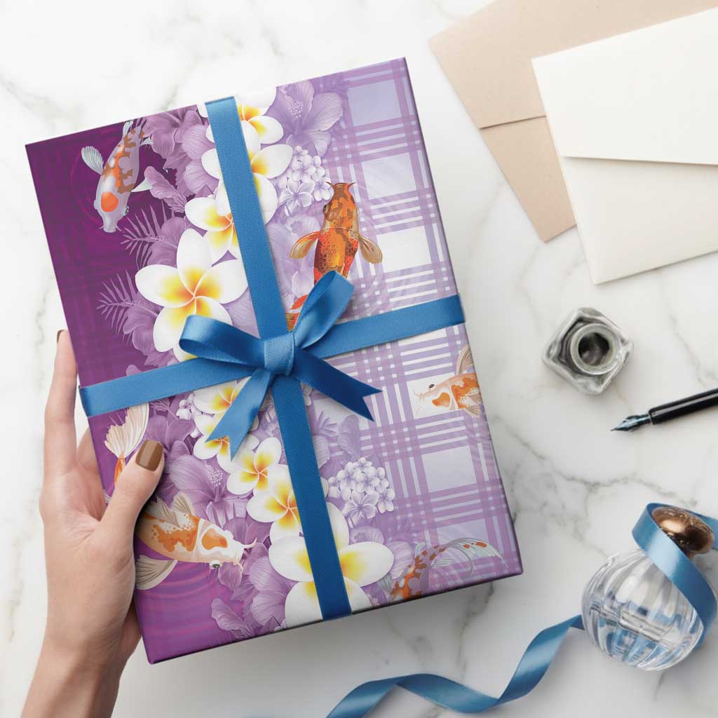 Hawaii And Japan Wrapping Paper Plumeria Lei With Koi Fish Purple LT05 - Polynesian Pride