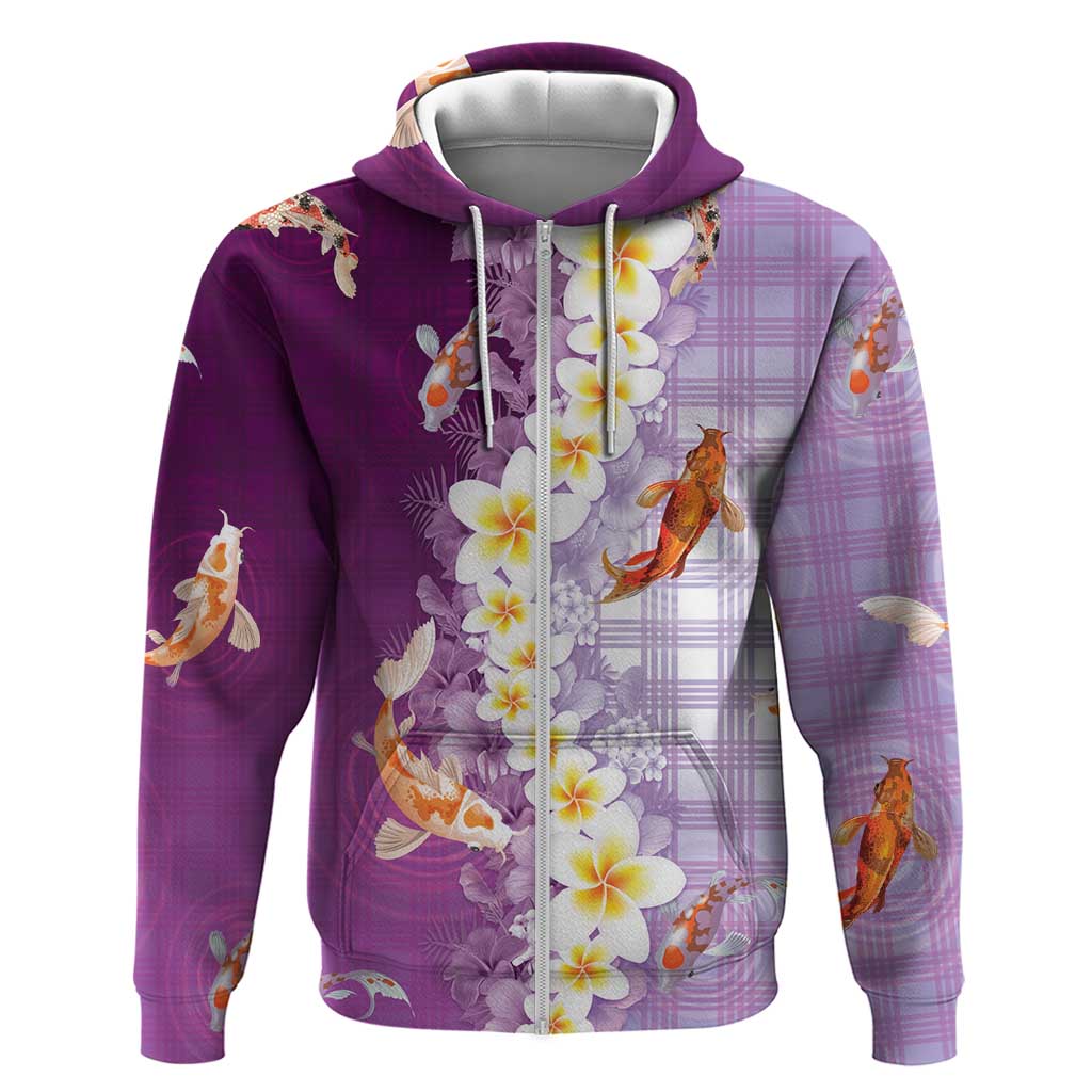 Hawaii And Japan Zip Hoodie Plumeria Lei With Koi Fish Purple LT05 Zip Hoodie Purple - Polynesian Pride