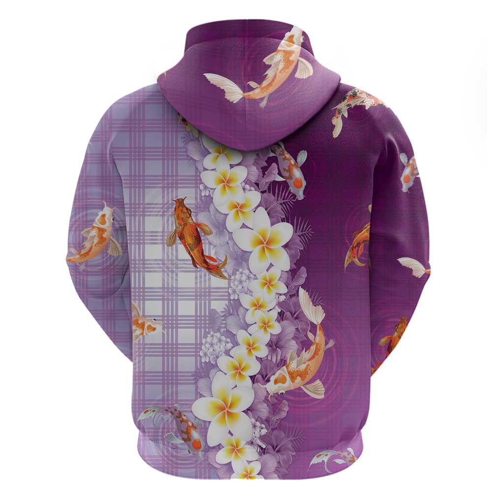 Hawaii And Japan Zip Hoodie Plumeria Lei With Koi Fish Purple LT05 - Polynesian Pride