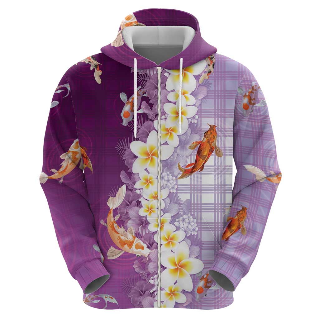 Hawaii And Japan Zip Hoodie Plumeria Lei With Koi Fish Purple LT05 - Polynesian Pride