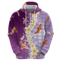 Hawaii And Japan Zip Hoodie Plumeria Lei With Koi Fish Purple LT05 - Polynesian Pride