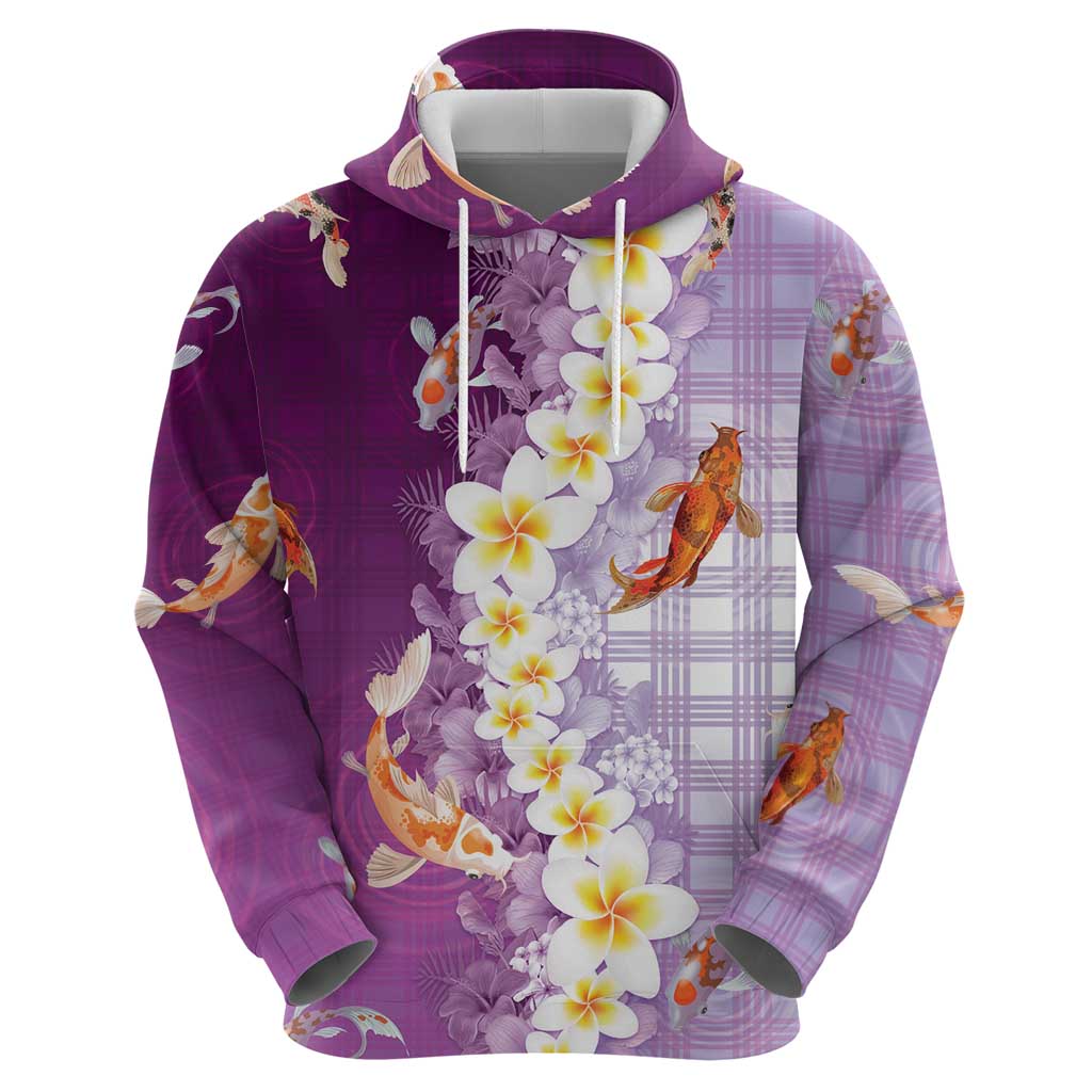 Hawaii And Japan Zip Hoodie Plumeria Lei With Koi Fish Purple LT05 - Polynesian Pride