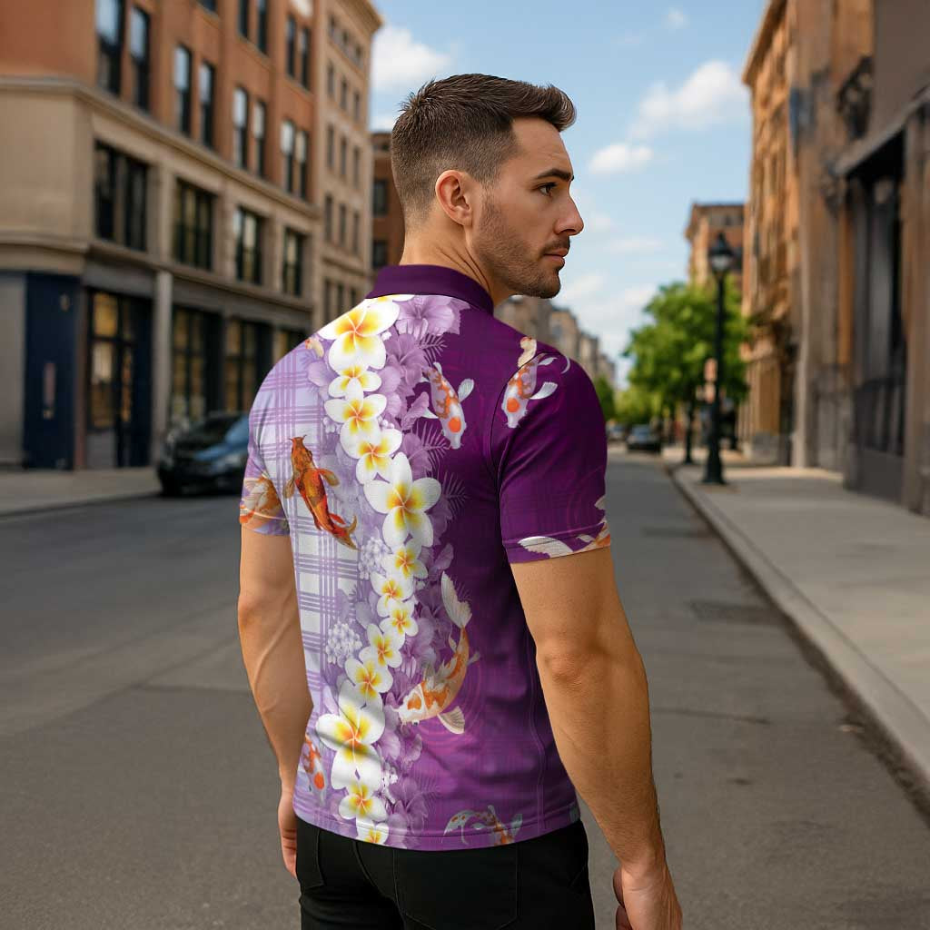 Hawaii And Japan Zipper Polo Shirt Plumeria Lei With Koi Fish Purple - Polynesian Pride