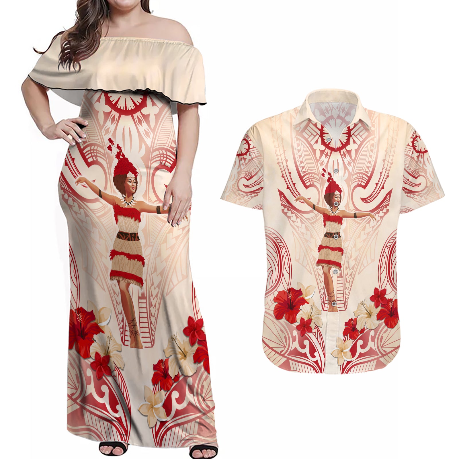 Siva Samoa Couples Matching Off Shoulder Maxi Dress and Hawaiian Shirt Samoan Taupou With Polynesian Pattern LT05 Beige - Polynesian Pride