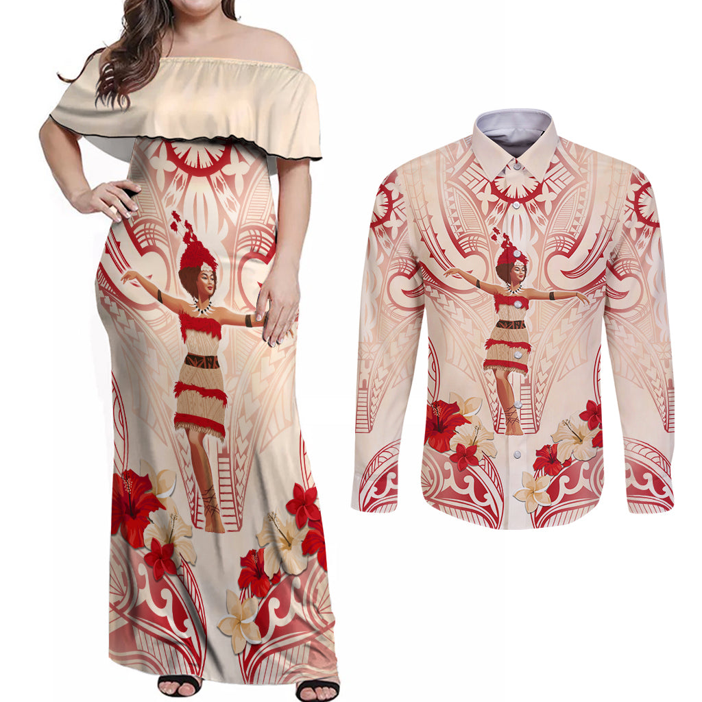 Siva Samoa Couples Matching Off Shoulder Maxi Dress and Long Sleeve Button Shirt Samoan Taupou With Polynesian Pattern LT05 Beige - Polynesian Pride