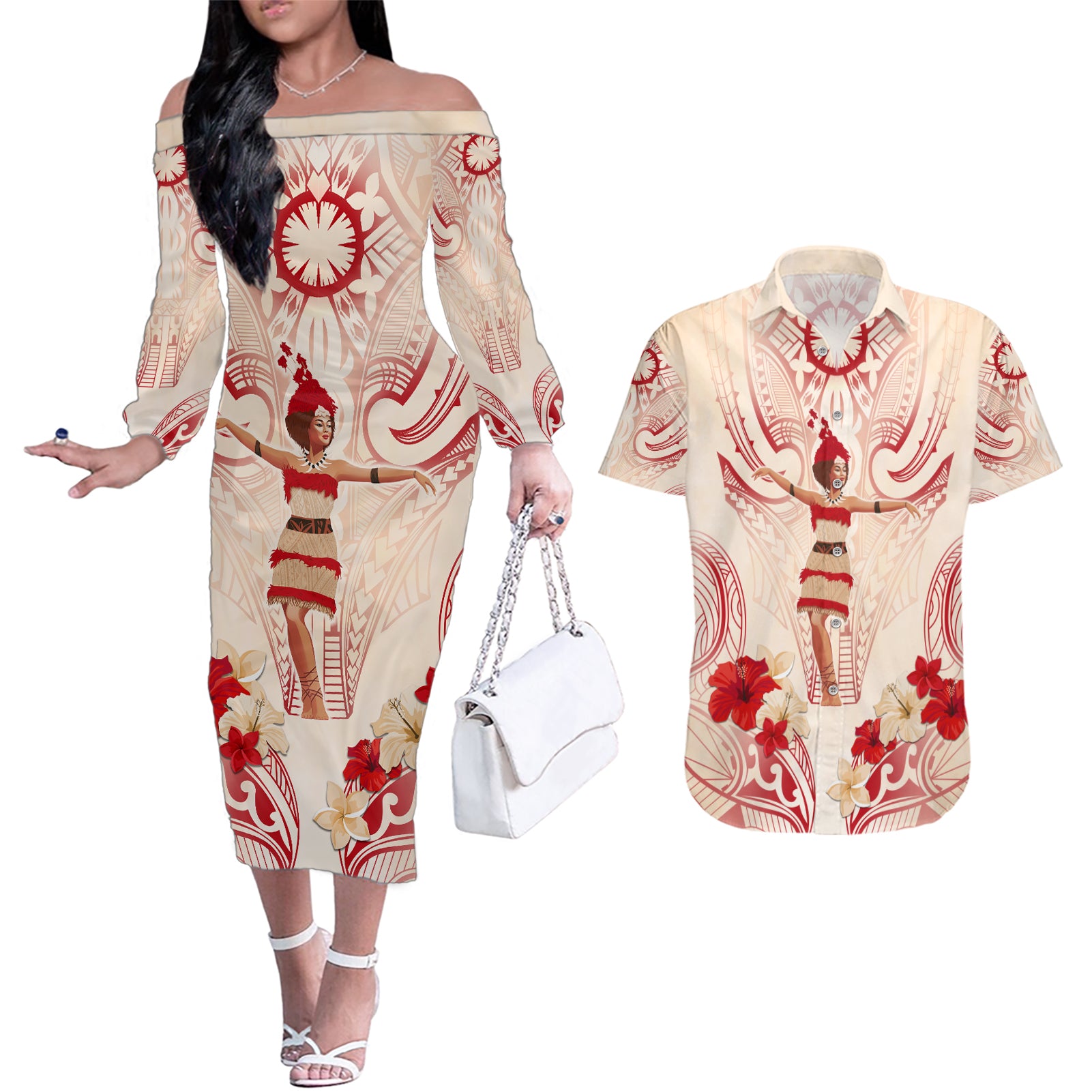 Siva Samoa Couples Matching Off The Shoulder Long Sleeve Dress and Hawaiian Shirt Samoan Taupou With Polynesian Pattern LT05 Beige - Polynesian Pride