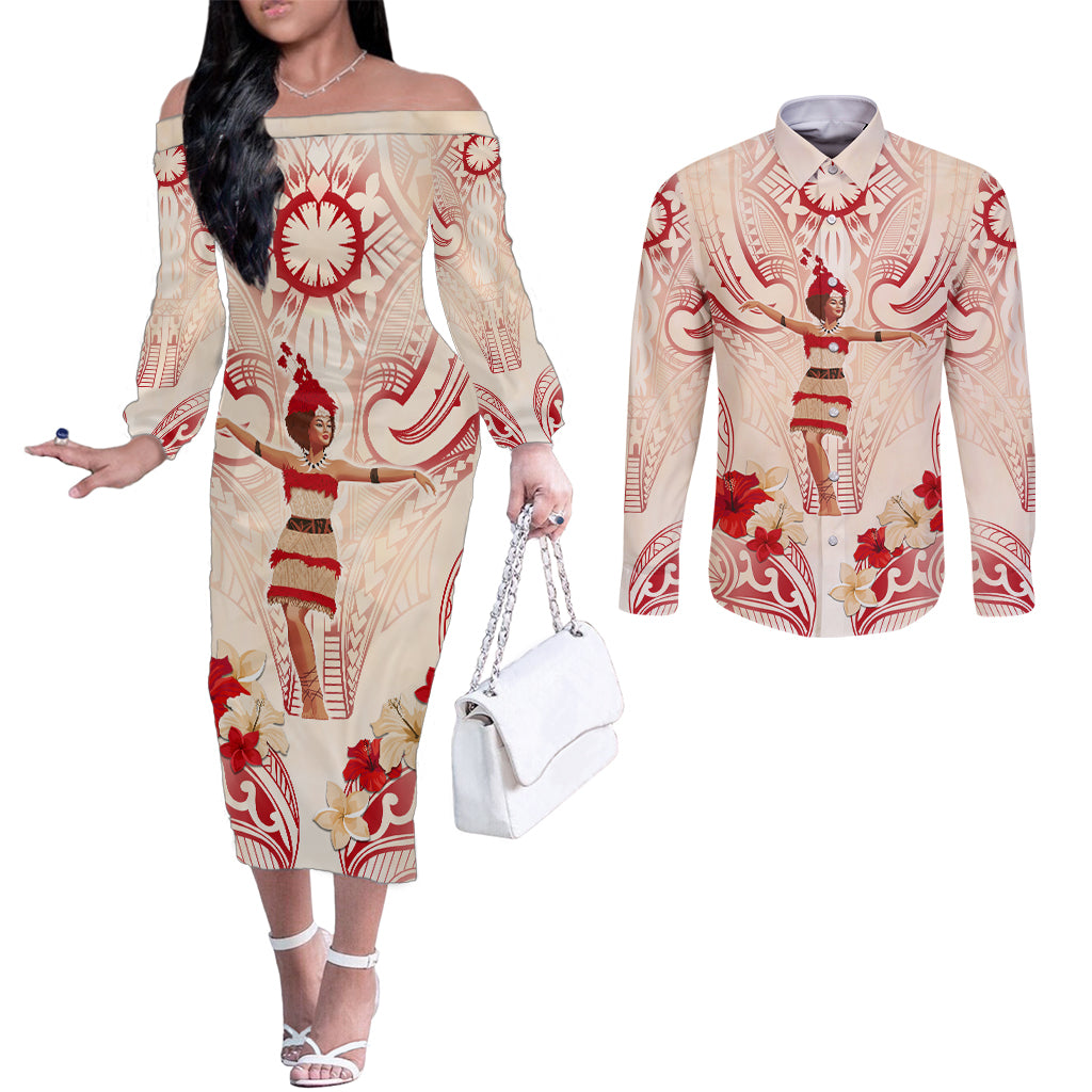 Siva Samoa Couples Matching Off The Shoulder Long Sleeve Dress and Long Sleeve Button Shirt Samoan Taupou With Polynesian Pattern LT05 Beige - Polynesian Pride