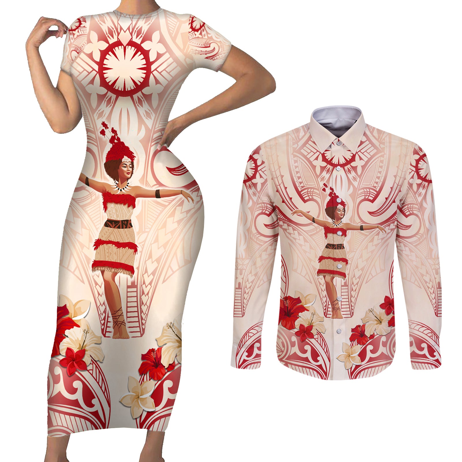 Siva Samoa Couples Matching Short Sleeve Bodycon Dress and Long Sleeve Button Shirt Samoan Taupou With Polynesian Pattern LT05 Beige - Polynesian Pride