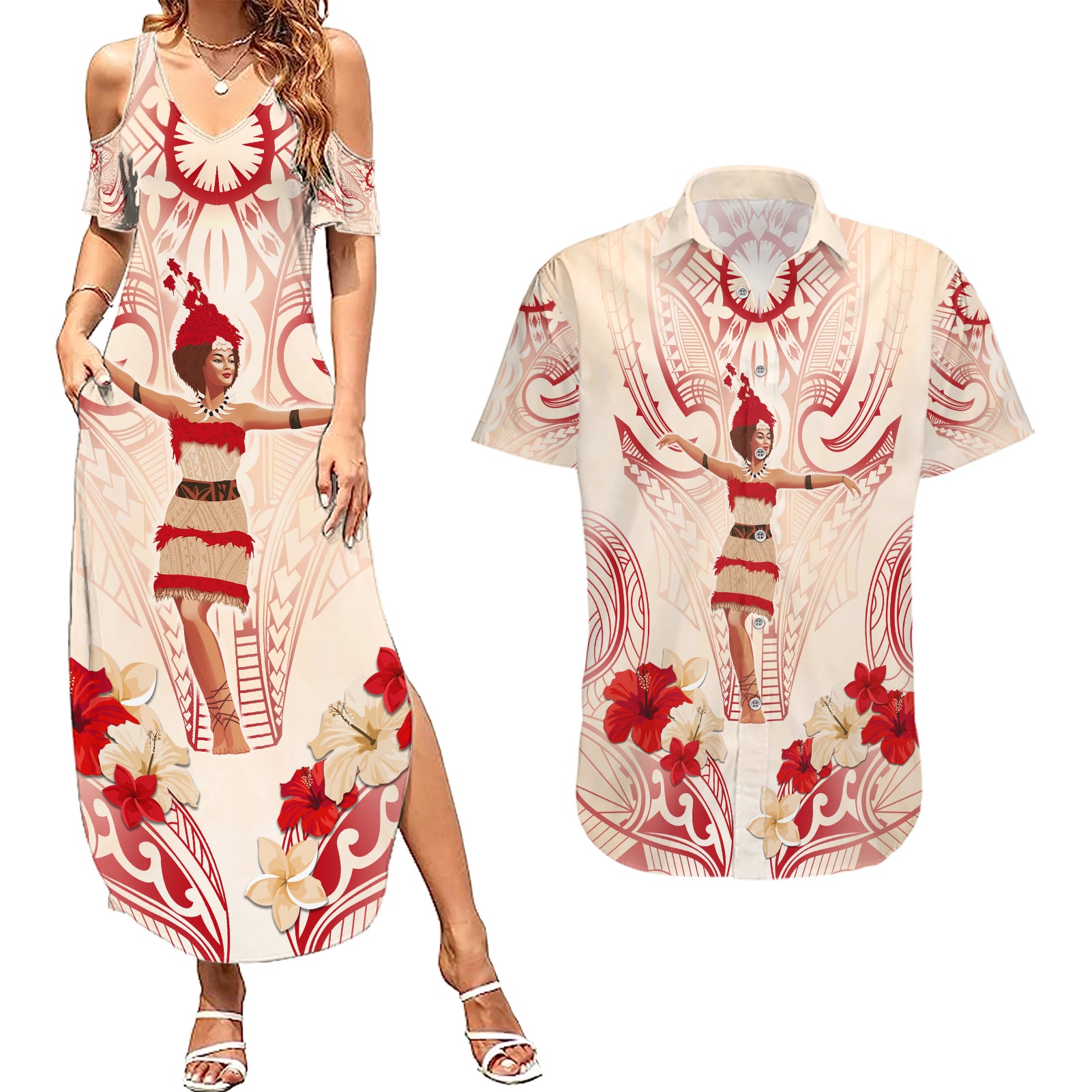 Siva Samoa Couples Matching Summer Maxi Dress and Hawaiian Shirt Samoan Taupou With Polynesian Pattern LT05 Beige - Polynesian Pride