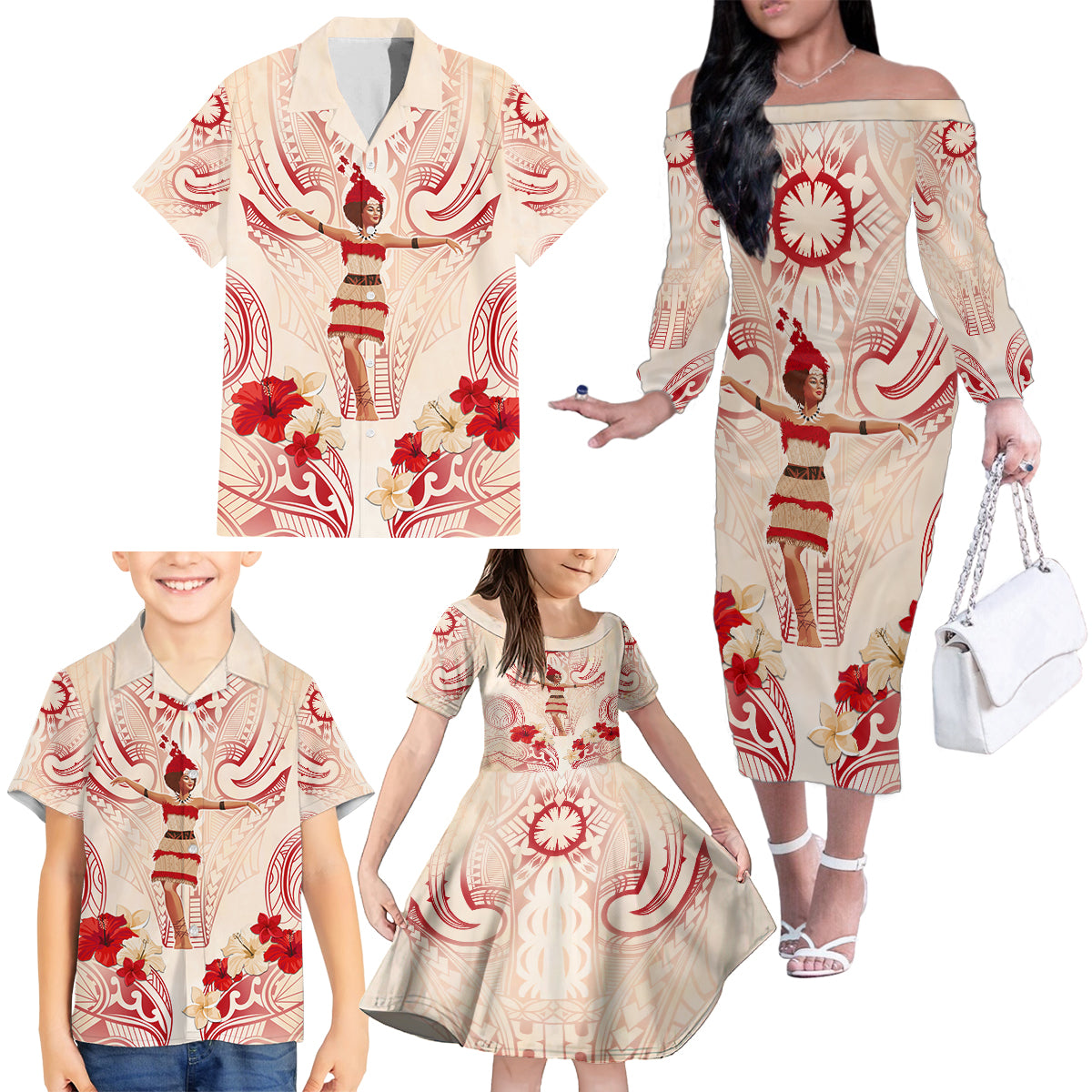 Siva Samoa Family Matching Off Shoulder Long Sleeve Dress and Hawaiian Shirt Samoan Taupou With Polynesian Pattern LT05 - Polynesian Pride