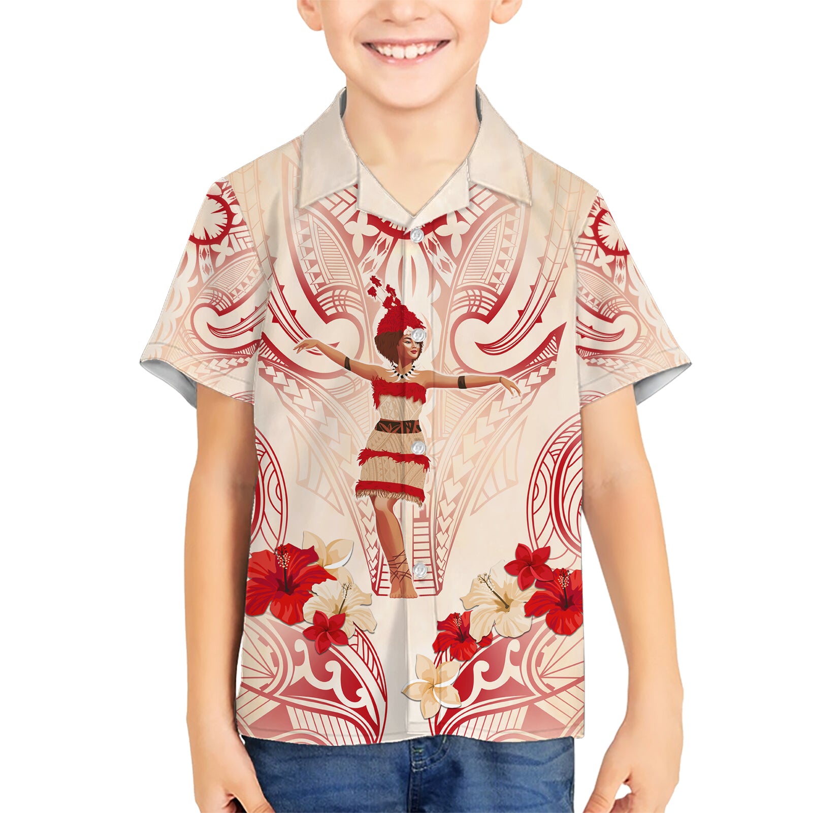 Siva Samoa Kid Hawaiian Shirt Samoan Taupou With Polynesian Pattern LT05 Kid Beige - Polynesian Pride