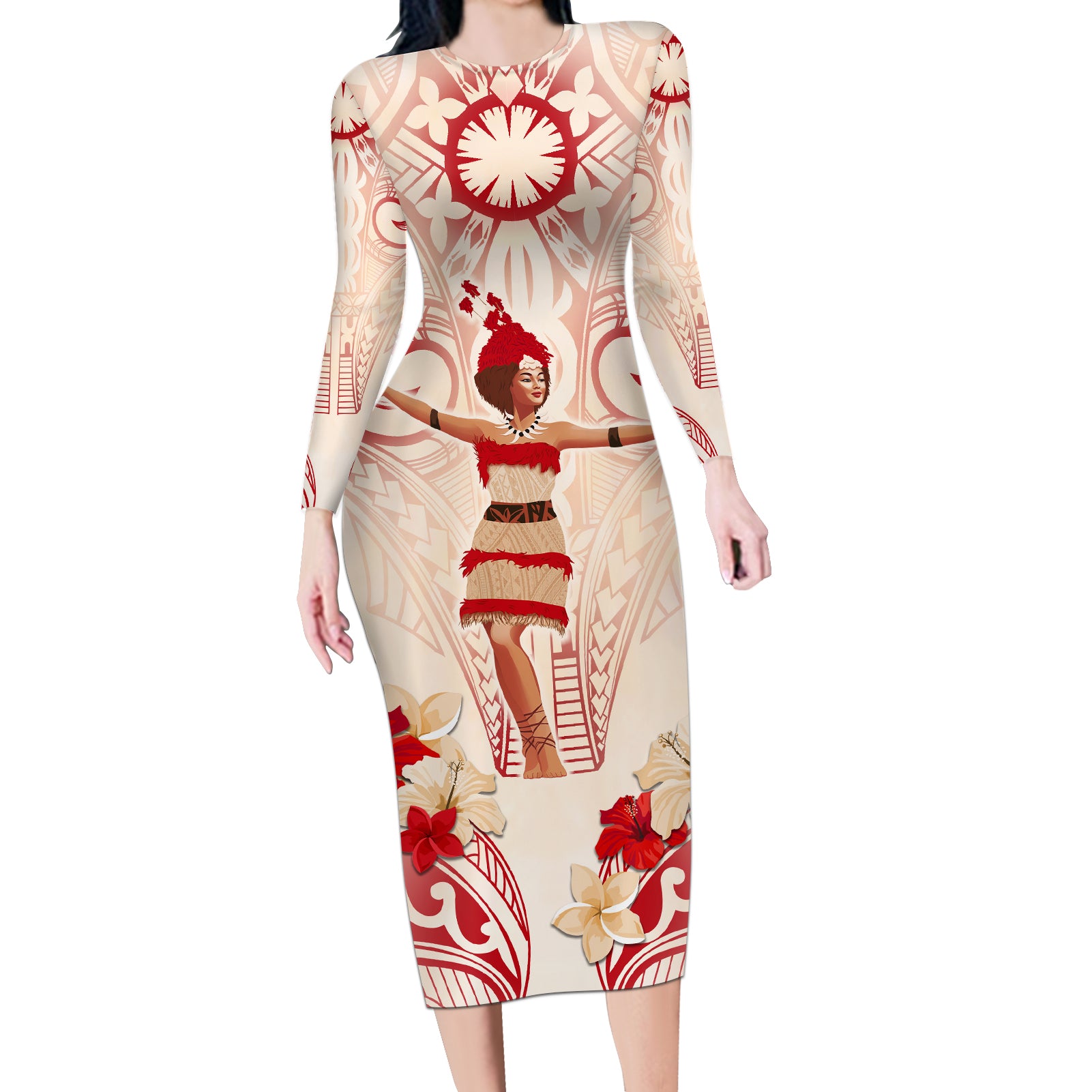 Siva Samoa Long Sleeve Bodycon Dress Samoan Taupou With Polynesian Pattern LT05 Long Dress Beige - Polynesian Pride