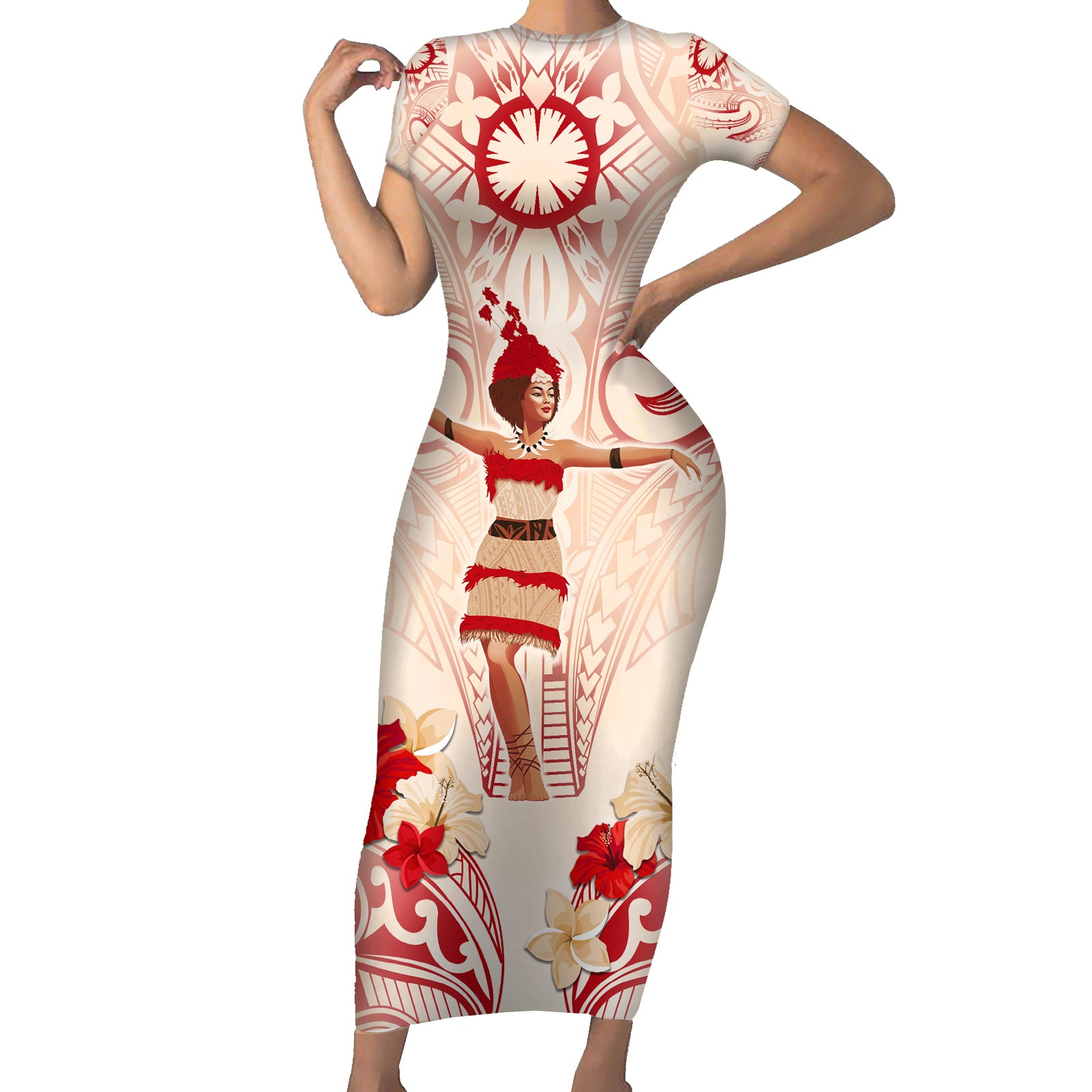 Siva Samoa Short Sleeve Bodycon Dress Samoan Taupou With Polynesian Pattern LT05 Long Dress Beige - Polynesian Pride