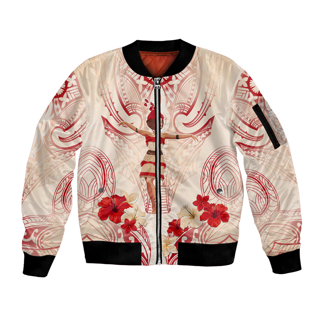 Siva Samoa Sleeve Zip Bomber Jacket Samoan Taupou With Polynesian Pattern LT05 Unisex Beige - Polynesian Pride