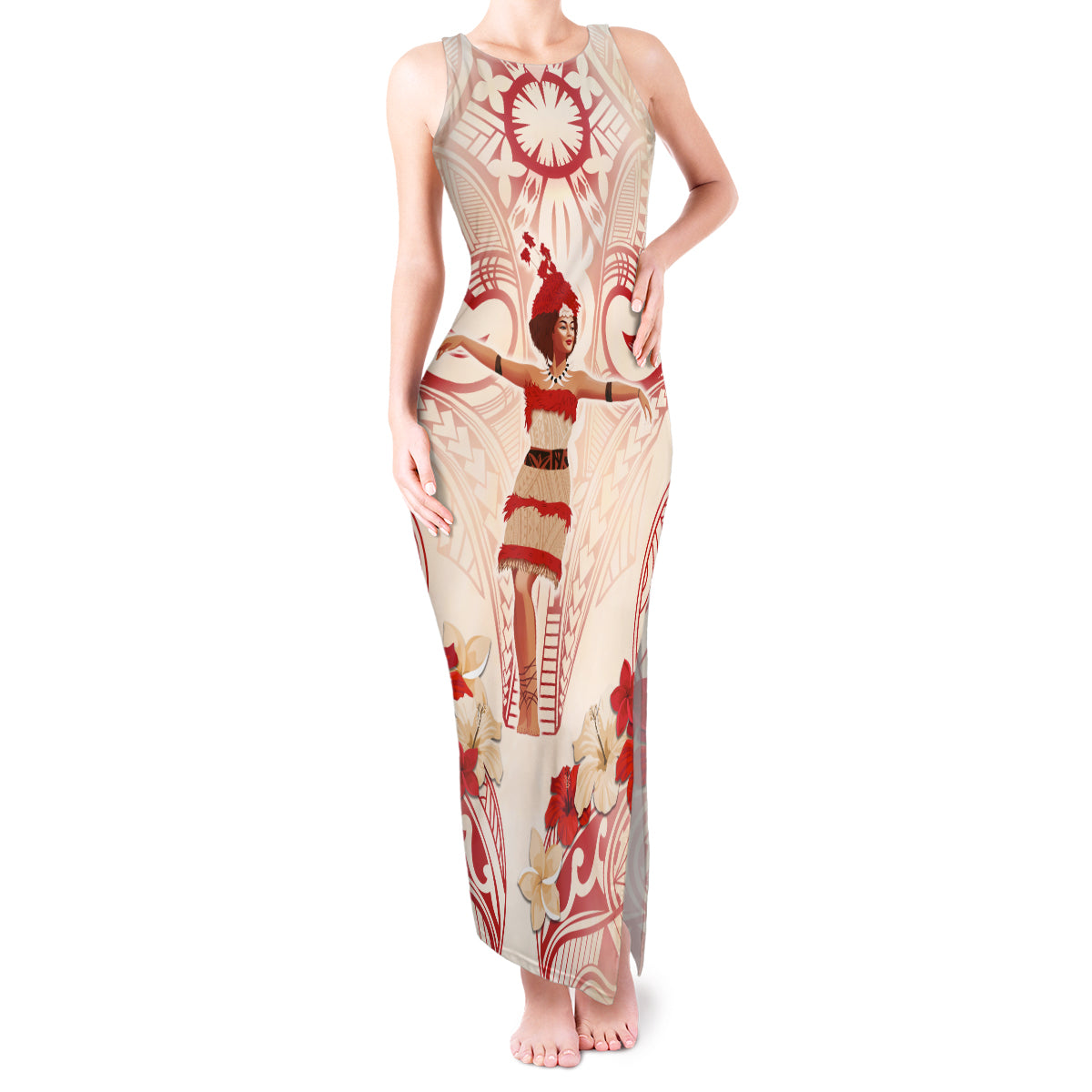 Siva Samoa Tank Maxi Dress Samoan Taupou With Polynesian Pattern LT05 Women Beige - Polynesian Pride