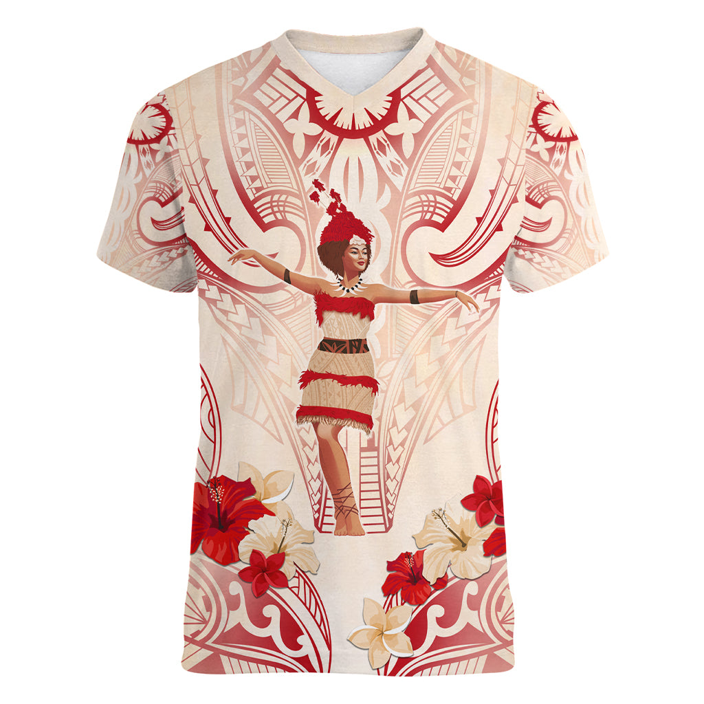 Siva Samoa Women V Neck T Shirt Samoan Taupou With Polynesian Pattern LT05 Female Beige - Polynesian Pride