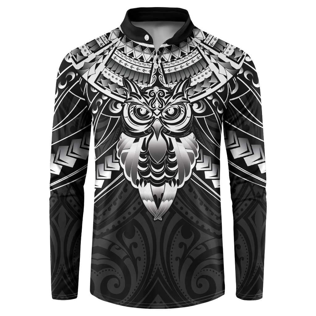 New Zealand Morepork Button Sweatshirt Maori Pattern Black