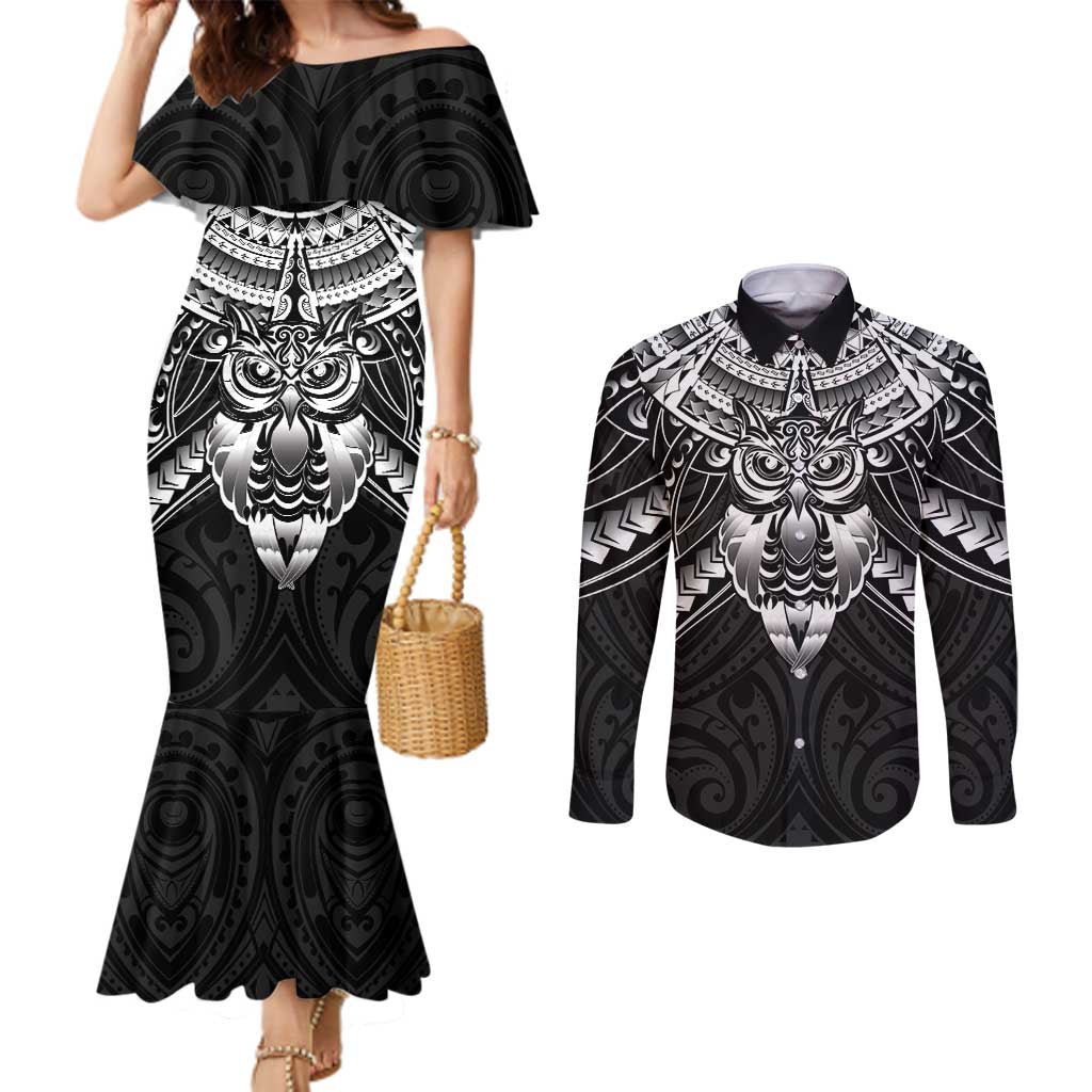 New Zealand Morepork Couples Matching Mermaid Dress and Long Sleeve Button Shirt Maori Pattern Black