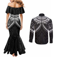 New Zealand Morepork Couples Matching Mermaid Dress and Long Sleeve Button Shirt Maori Pattern Black