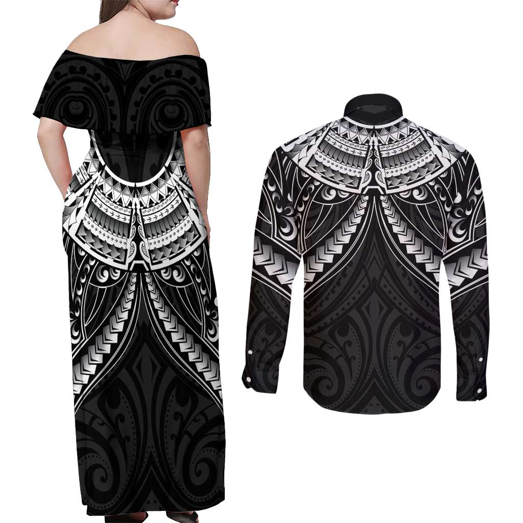 New Zealand Morepork Couples Matching Off Shoulder Maxi Dress and Long Sleeve Button Shirt Maori Pattern Black LT05 - Polynesian Pride