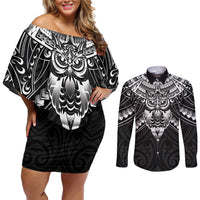 New Zealand Morepork Couples Matching Off Shoulder Short Dress and Long Sleeve Button Shirt Maori Pattern Black LT05 Black - Polynesian Pride