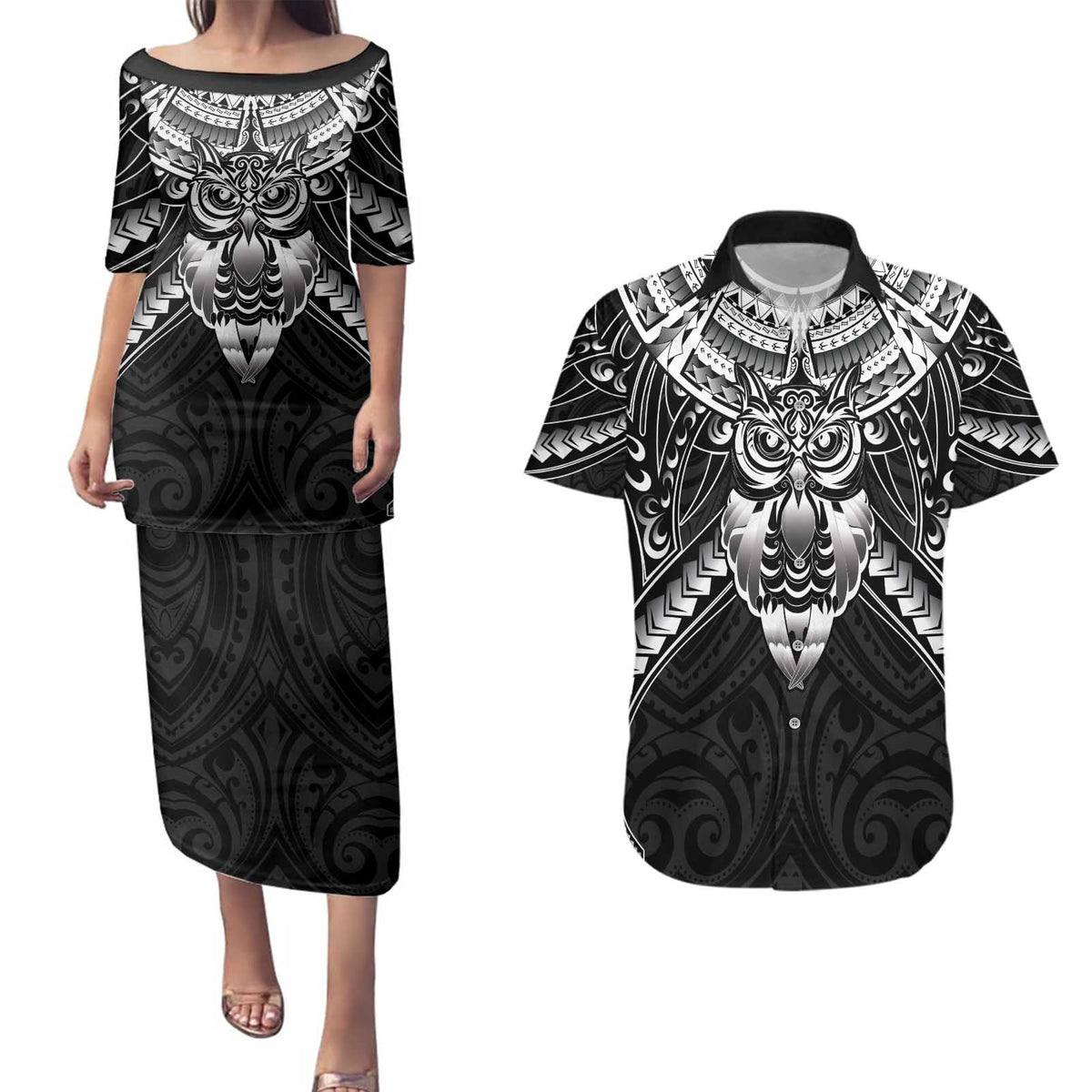 New Zealand Morepork Couples Matching Puletasi and Hawaiian Shirt Maori Pattern Black LT05 Black - Polynesian Pride