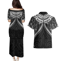 New Zealand Morepork Couples Matching Puletasi and Hawaiian Shirt Maori Pattern Black LT05 - Polynesian Pride