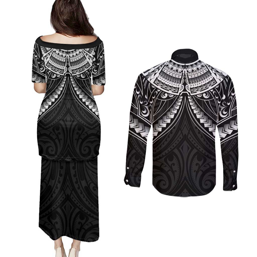 New Zealand Morepork Couples Matching Puletasi and Long Sleeve Button Shirt Maori Pattern Black