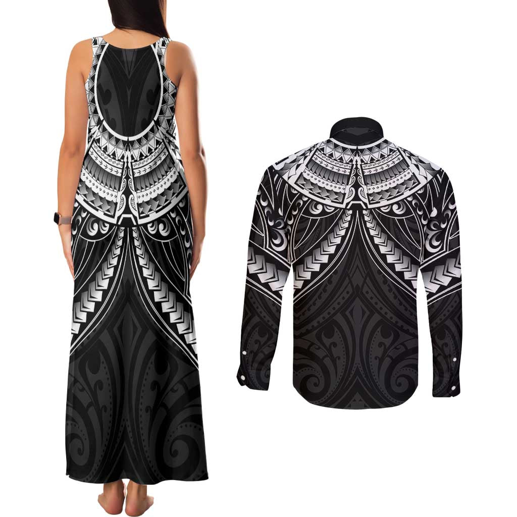 New Zealand Morepork Couples Matching Tank Maxi Dress and Long Sleeve Button Shirt Maori Pattern Black LT05 - Polynesian Pride