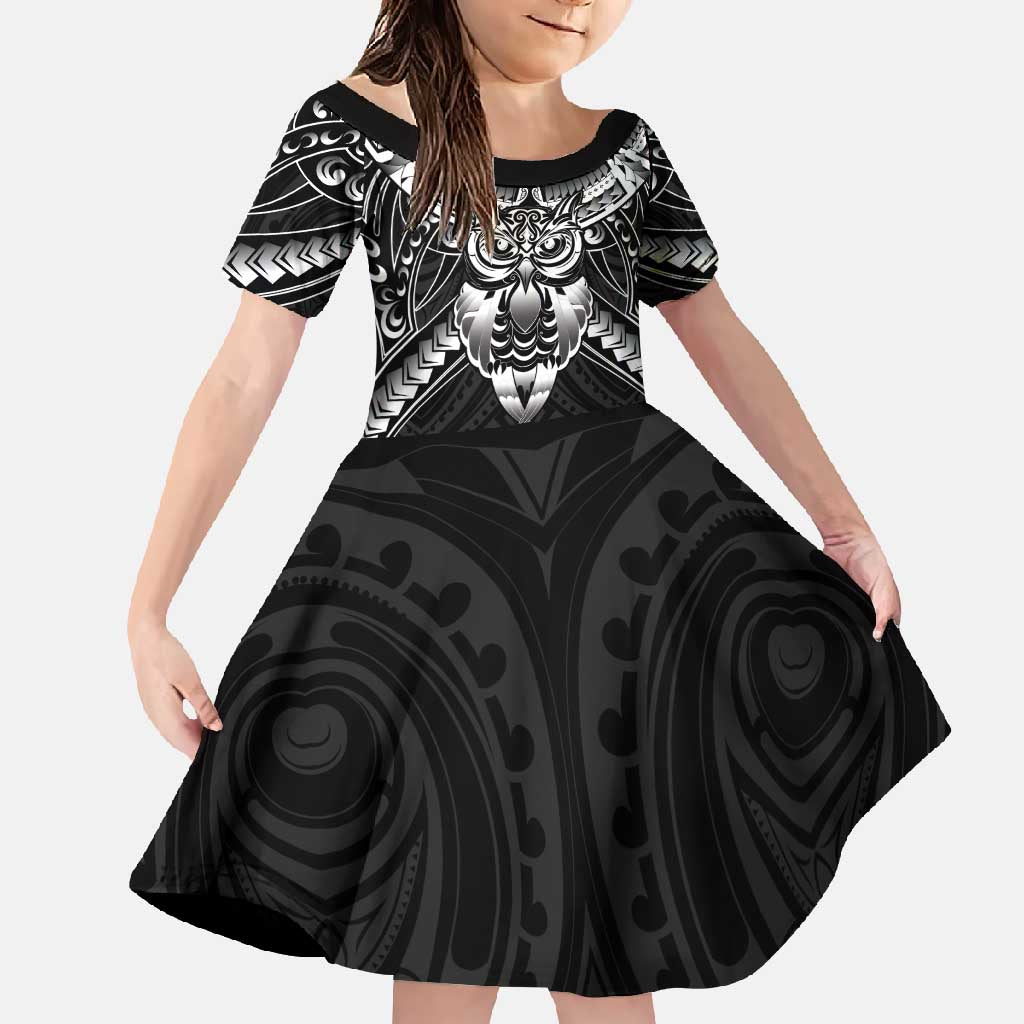 New Zealand Morepork Family Matching Long Sleeve Bodycon Dress and Hawaiian Shirt Maori Pattern Black LT05 Daughter's Dress Black - Polynesian Pride