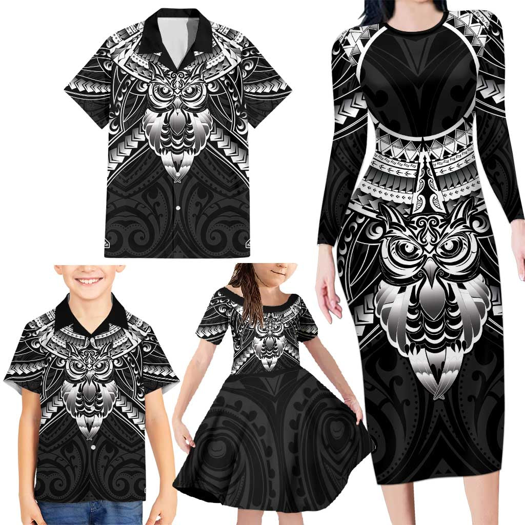 New Zealand Morepork Family Matching Long Sleeve Bodycon Dress and Hawaiian Shirt Maori Pattern Black LT05 - Polynesian Pride